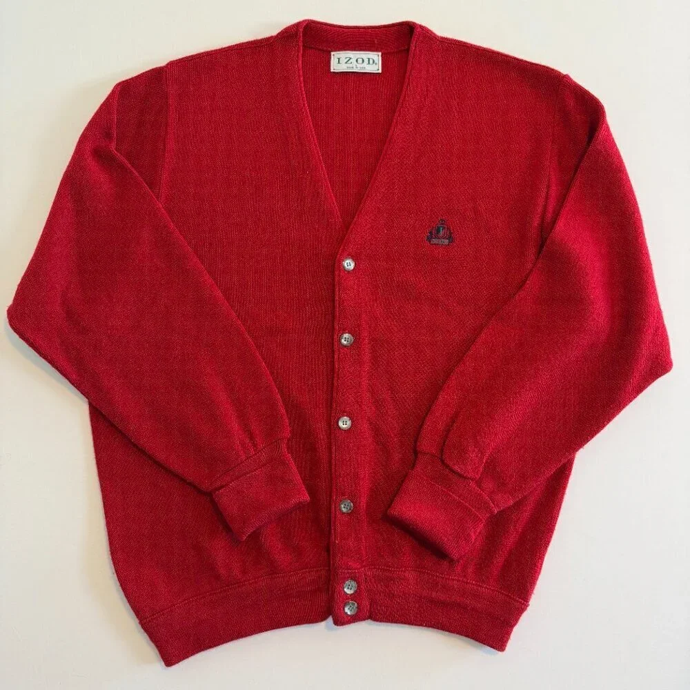 VINTAGE 90s IZOD Crest Indie Grandpa Red Cardigan Sweater Large